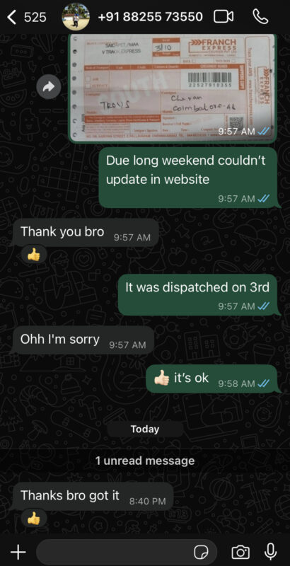 Customer message about their order