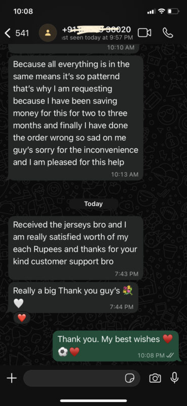 Customer message about their order