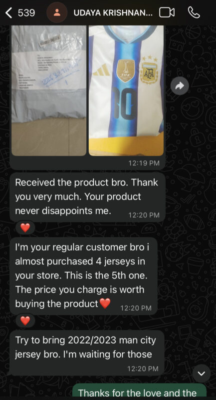 Customer message about their order