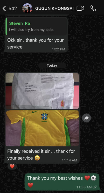 Customer message about their order