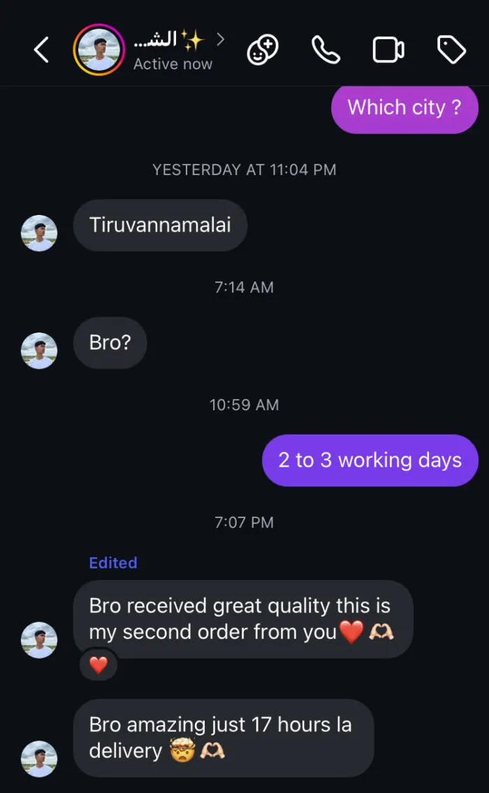 Customer message about their order