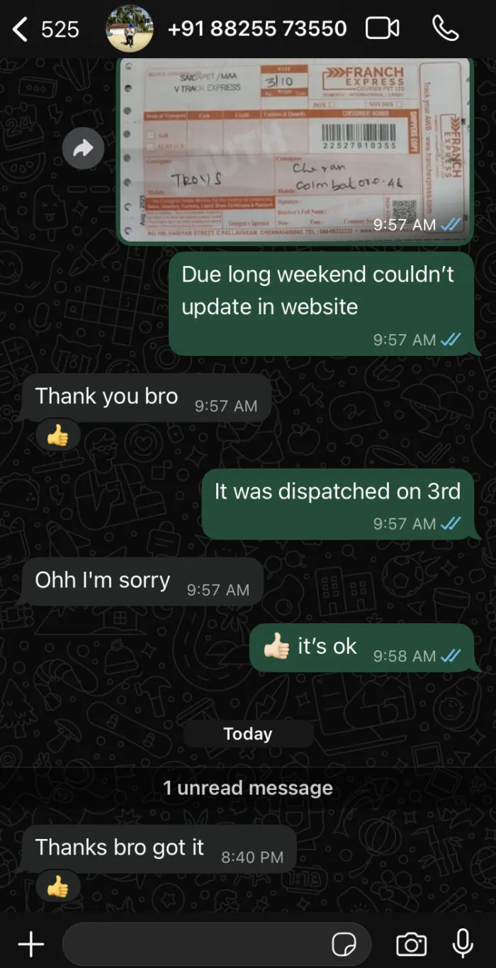 Customer message about their order